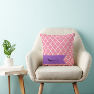 Pink Latticework, Quatrefoil, Trellis, Your Name Throw Pillow