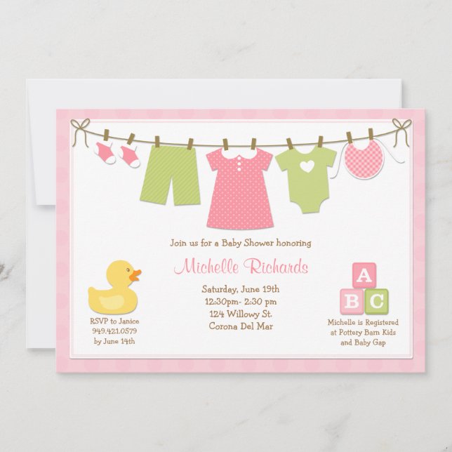 Pink Laundry Baby Shower Invitation (Front)