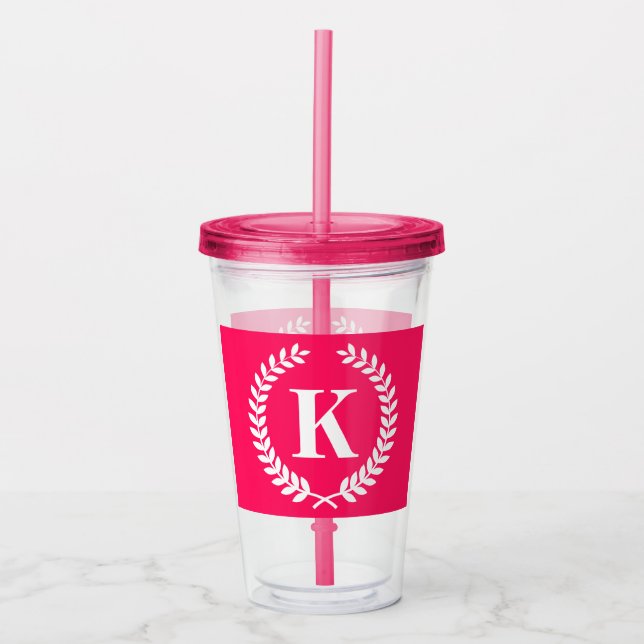 Pink Laurel Wreath Monogram Acrylic Tumbler (Front)