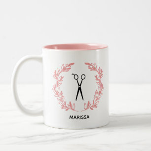 Pink Laurel Wreath Scissors Hair Stylist Add Name Two-Tone Coffee Mug