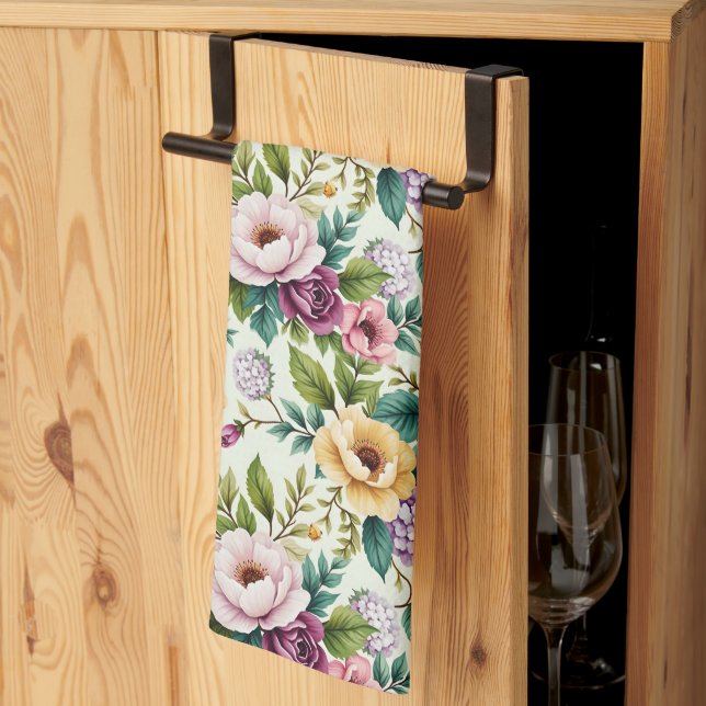 Pink Lavender and Yellow Chinoiserie Flowers Kitchen Towel (Thirds Fold)