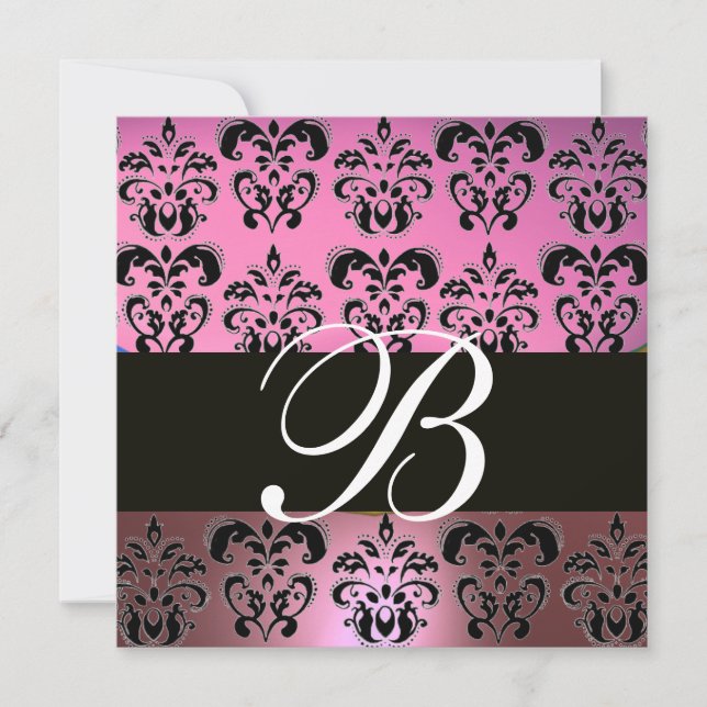 PINK LAVENDER BLACK,PURPLE DAMASK MONOGRAM ,white Invitation (Front)