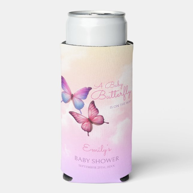 Pink Lavender Butterfly Baby Shower  Seltzer Can Cooler (Seltzer Front)