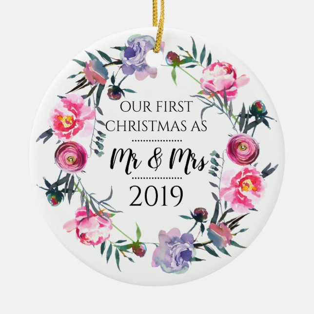 Pink Lavender First Christmas as Mr & Mrs Ceramic Ornament (Front)