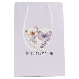 Pink Lavender Floral Heart Butterflies Birthday Medium Gift Bag