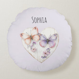Pink Lavender Floral Heart Butterflies Birthday Round Pillow