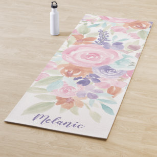 Pink lavender floral watercolor name monogram yoga mat