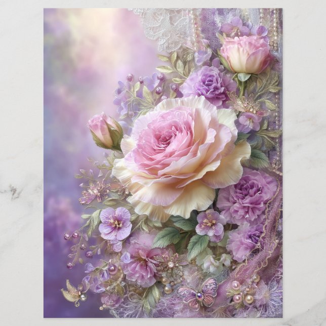 Pink Lavender Flowers Junk Journal Scrapbook Paper (Front)