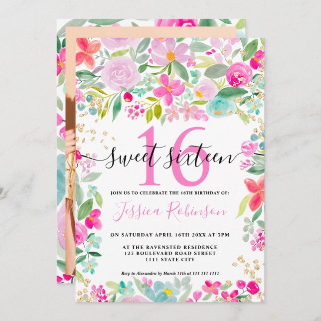 Pink lavender loose floral gold script Sweet 16 Invitation (Front/Back)