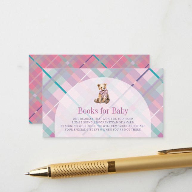 Pink & Lavender Plaid Teddy Bear Baby Book Request Enclosure Card (Front/Back In Situ)