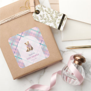 Pink & Lavender Plaid Teddy Bear Girl Baby Shower Square Sticker