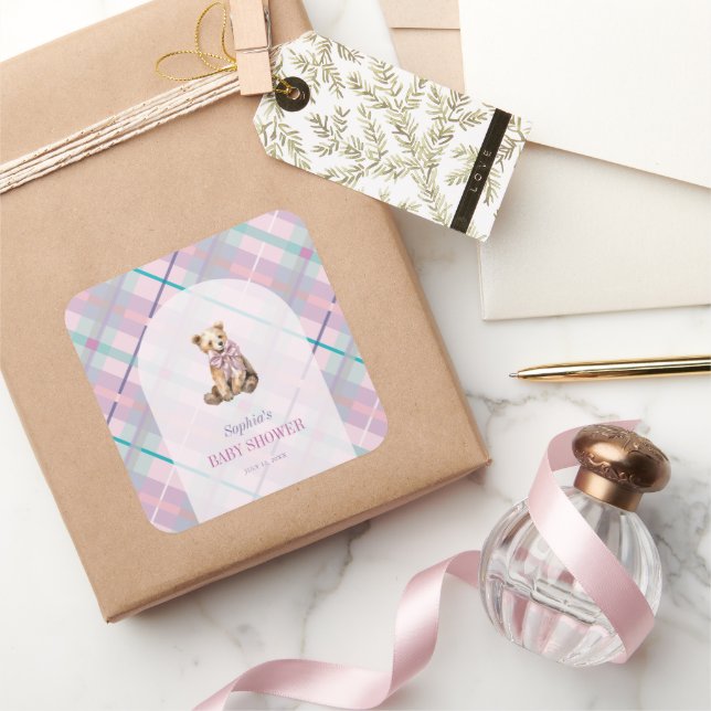 Pink & Lavender Plaid Teddy Bear Girl Baby Shower Square Sticker (Gifting)