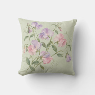 Pink Lavender Sweet Peas Sage Botanical Watercolor Throw Pillow