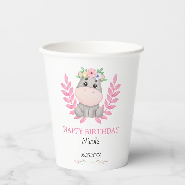 Pink Leaf Cute Hippo Floral Happy Birthday  Paper Cups (Front)