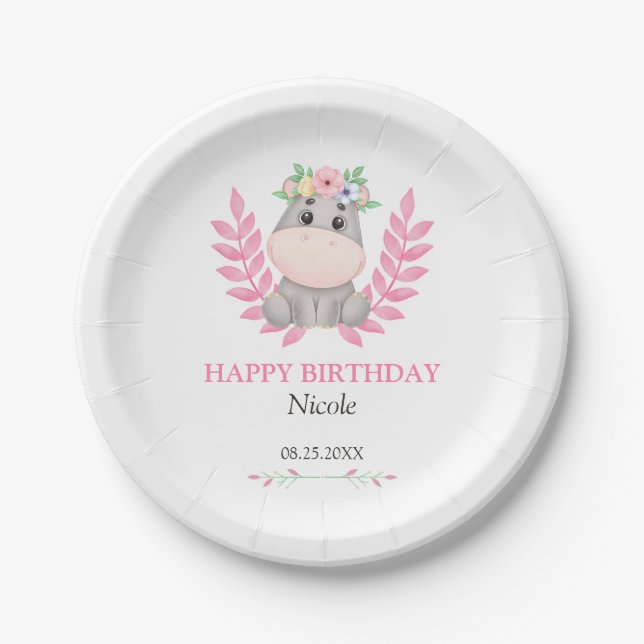 Pink Leaf Cute Hippo Floral Happy Birthday  Paper Plate (Front)