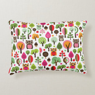 pink leaf tree retro owl pattern accent pillow