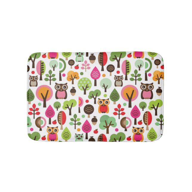 pink leaf tree retro owl pattern bath mat (Front)