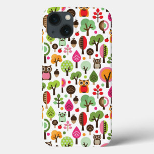 pink leaf tree retro owl pattern iPhone 13 case