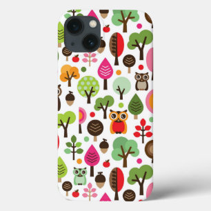 pink leaf tree retro owl pattern iPhone 13 case