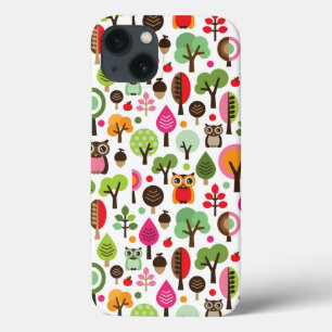 pink leaf tree retro owl pattern iPhone 13 case