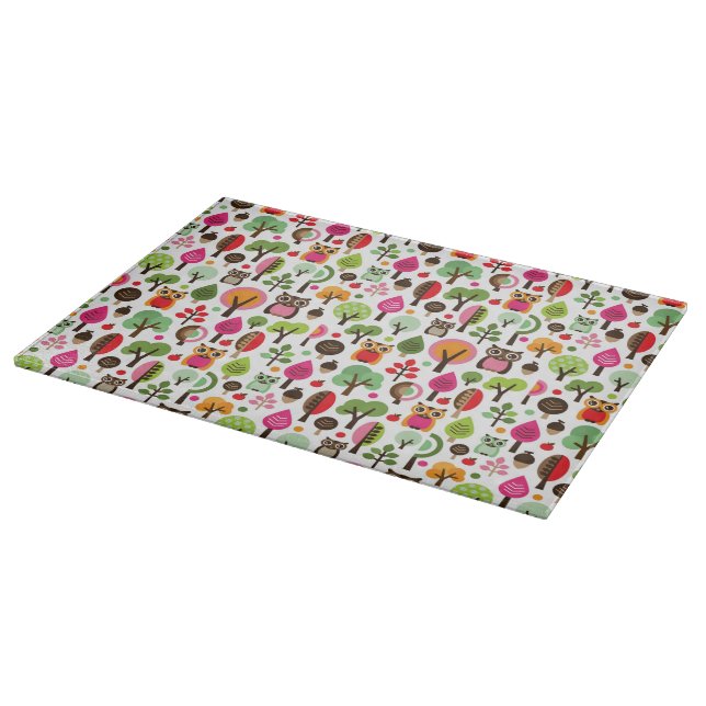 pink leaf tree retro owl pattern cutting board (Corner)