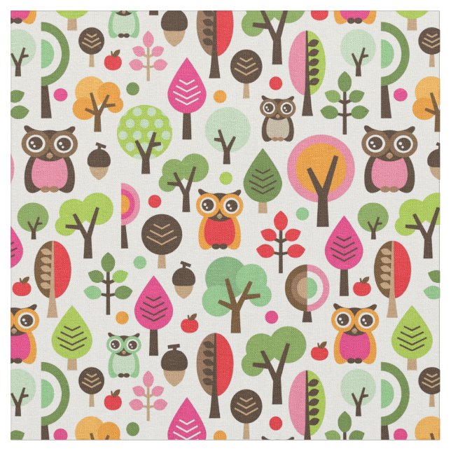 pink leaf tree retro owl pattern fabric (Close Up)