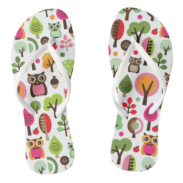 pink leaf tree retro owl pattern flip flops (Footbed)