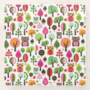 pink leaf tree retro owl pattern glass coaster