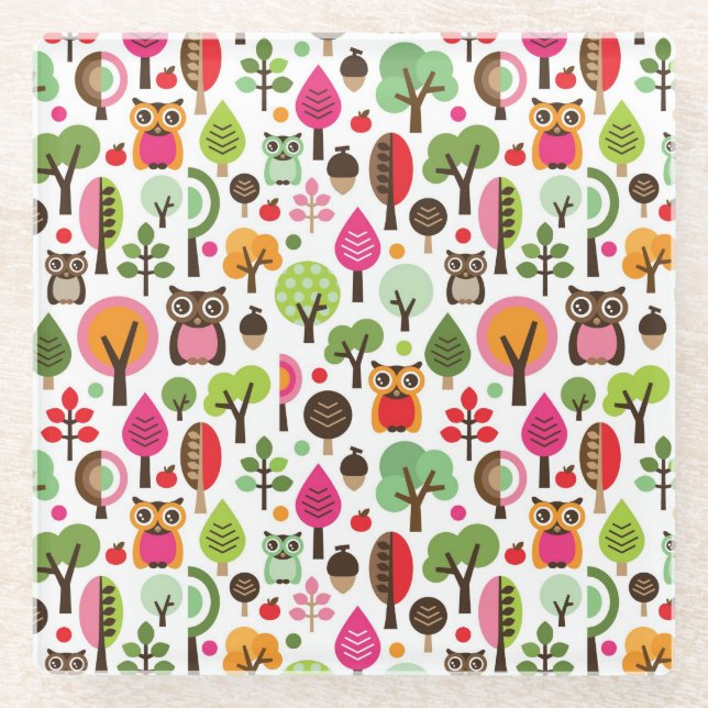 pink leaf tree retro owl pattern glass coaster (Front)