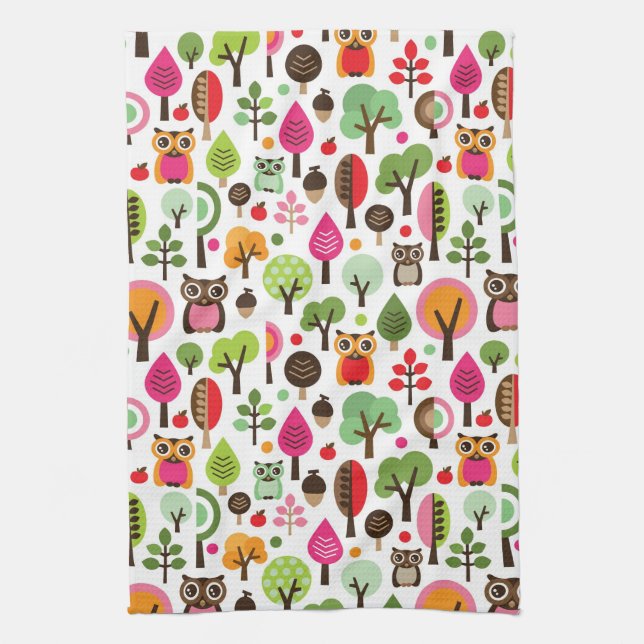 pink leaf tree retro owl pattern kitchen towel (Vertical)