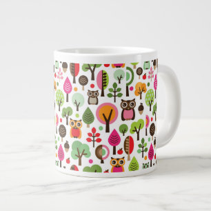 pink leaf tree retro owl pattern large coffee mug