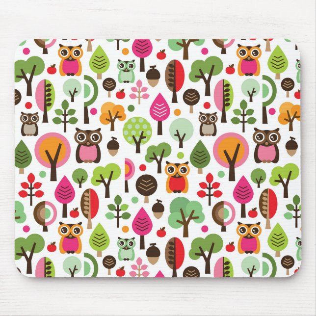 pink leaf tree retro owl pattern mouse pad (Front)