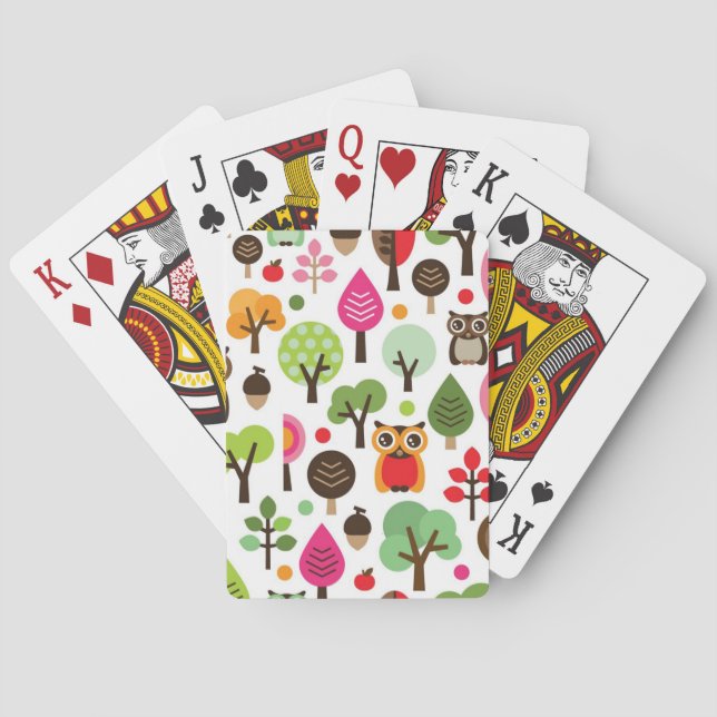 pink leaf tree retro owl pattern playing cards (Back)