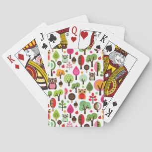 pink leaf tree retro owl pattern playing cards