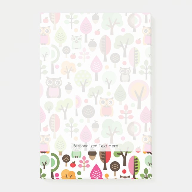 pink leaf tree retro owl pattern post-it notes (Front)