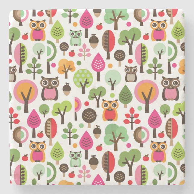 pink leaf tree retro owl pattern stone coaster (Front)
