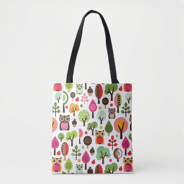 pink leaf tree retro owl pattern tote bag (Front)