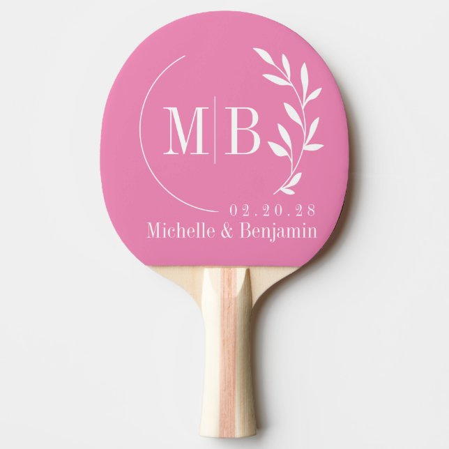 Pink Leaf Wedding Monogram Ping Pong Paddle (Front)