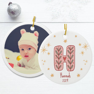 Pink Leafy Monogram H with Stars Pattern Ceramic Ornament