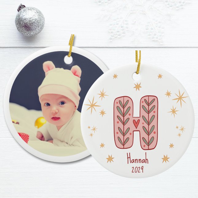 Pink Leafy Monogram H with Stars Pattern Ceramic Ornament (Personalized Baby's First Christmas Photo Ornament)