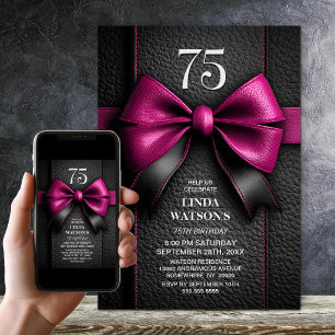 Pink Leather Bow 75th Birthday Party Invitation