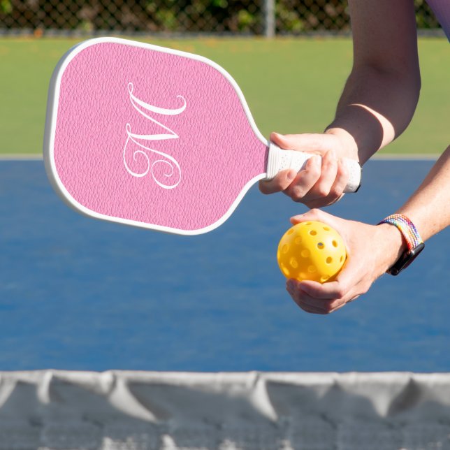 Pink Leather Look Girly Curly Calligraphy Monogram Pickleball Paddle (Insitu)