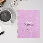 Pink leather monogram initials name 2025 planner<br><div class="desc">A pink faux leather photo as background and purple text. Personalize and add your first name,  monogram initials,  full name and a year.</div>