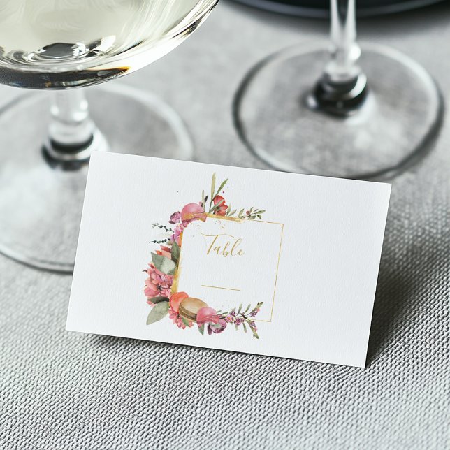 Pink leaves, flowers and macaroons table number place card (Colorful floral and macaron frame on a white and gold guest wedding name place card)