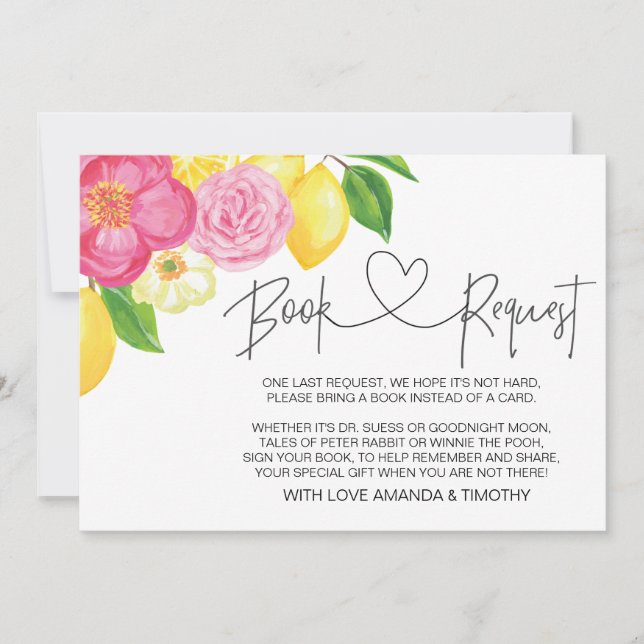 Pink Lemon Floral Baby Shower Book Request Cards (Front)