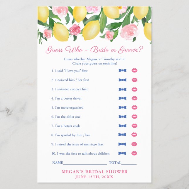 Pink Lemon Guess Who Bride or Groom Shower Game Flyer (Front)