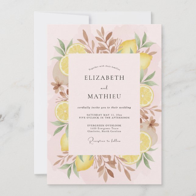 Pink Lemon Leaf Wedding Invitation (Front)