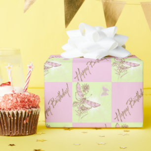 Pink Lemon Lime Butterfly Birthday Wrapping Paper