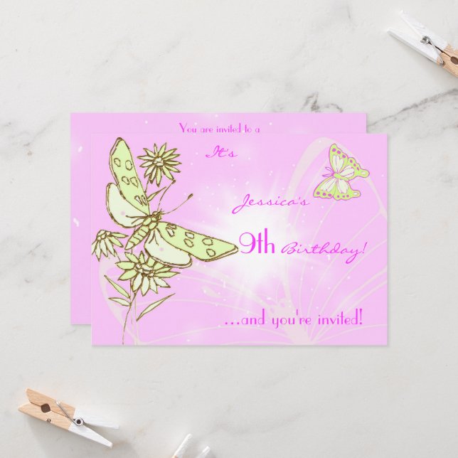 Pink Lemon LIme Butterfly Invitation Card (Front/Back In Situ)