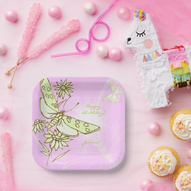 Pink Lemon Lime Butterfly Throw Pillow Paper Plate (Party)